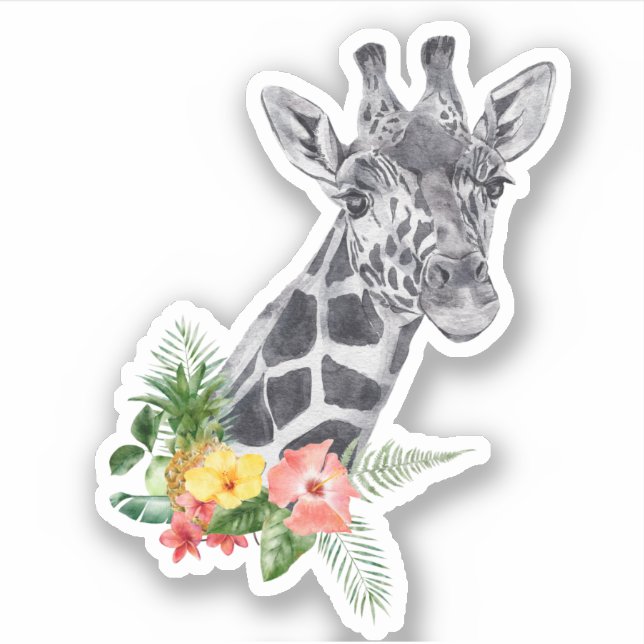 WasserfarbenGiraffe mit tropischem Bouquet Aufkleber (Vorderseite)