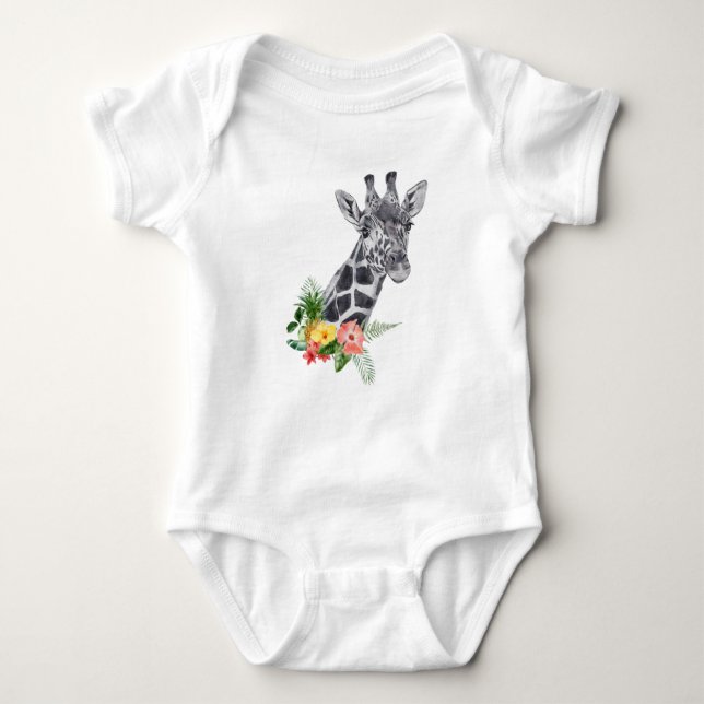 WasserfarbenGiraffe mit tropischem Bouquet Baby Strampler (Vorderseite)