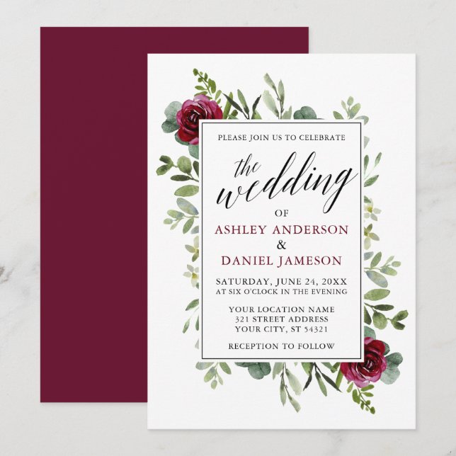 Wasserfarbengrün Burgund Rose Hochzeit Einladung (Vorne/Hinten)