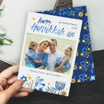 Wasserfarbenhappy Hanukkah Peace Liebe Latkes Foto Feiertagskarte<br><div class="desc">Senden Sie Ihre Wünsche mit dieser Foto Holiday Card,  die ein Watercolor Happy Hanukkah Script und Menorah Candles,  um Ihre Grußbotschaft zu markieren.</div>