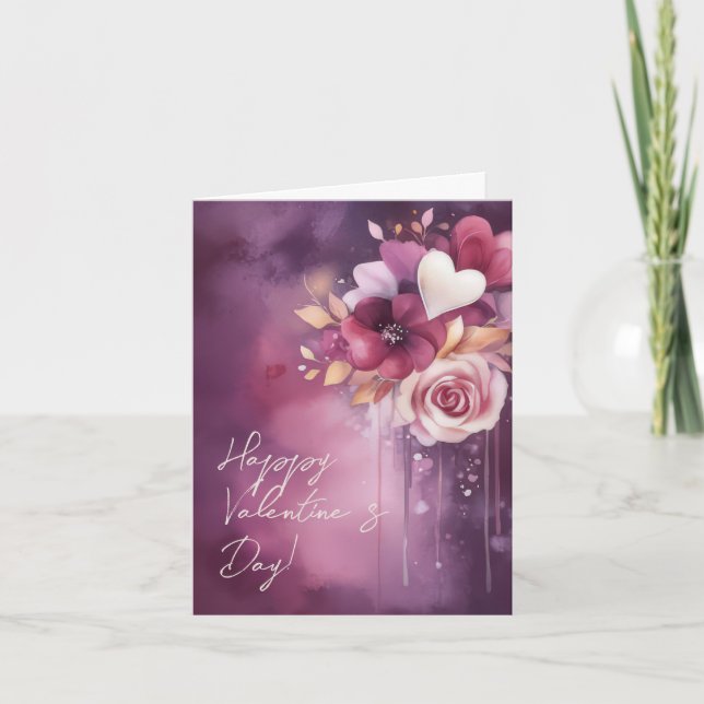 Wasserfarbenherzen und Blume Valentins Gruß Karte (Vorderseite)