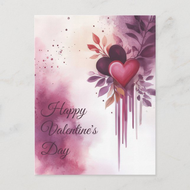 Wasserfarbenherzen und Blume Valentins Gruß Postkarte (Vorderseite)