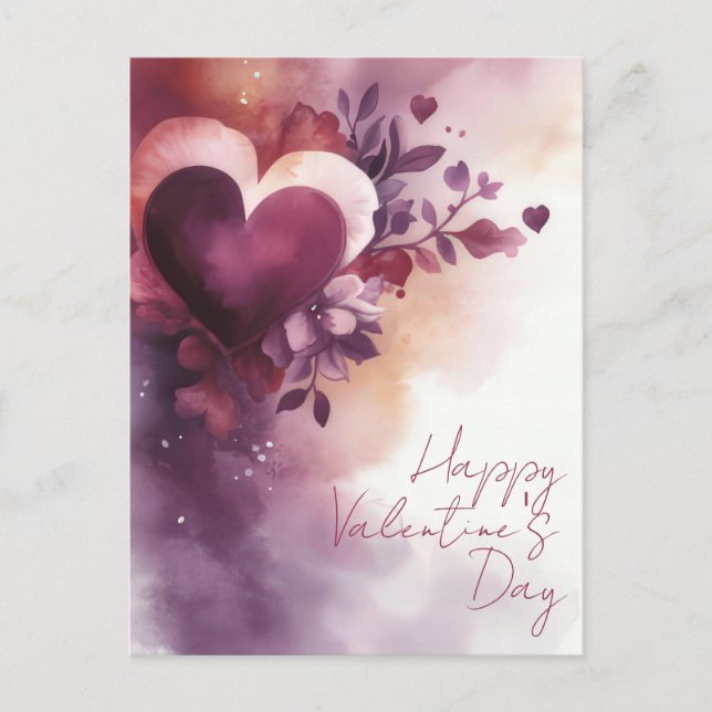 Wasserfarbenherzen und Blume Valentins Gruß Postkarte (Vorderseite)