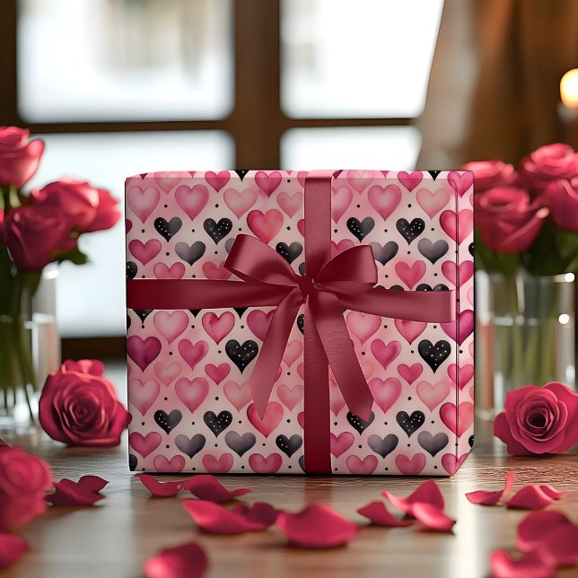 Wasserfarbenherzen verzaubern | Polka Dots Muster Geschenkpapier (Enchanting Watercolor Hearts and Polka Dots Pink and Black Pattern Wrapping Paper)