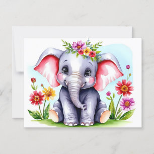 Wasserfarbenjunge Elefant mit Blume Postkarte