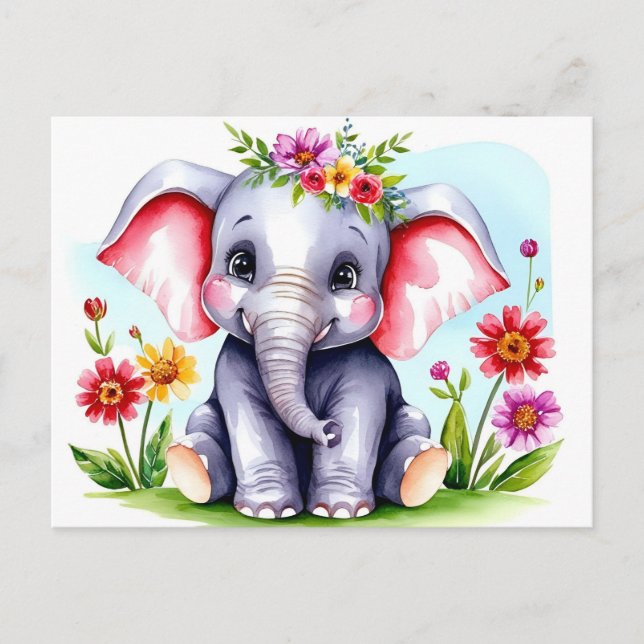 Wasserfarbenjunge Elefant mit Blume Postkarte (Vorderseite)