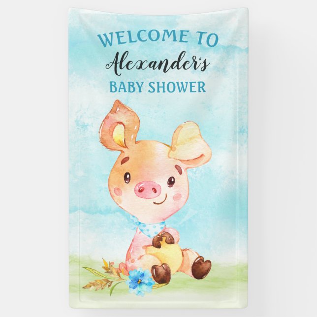 Wasserfarbenjunge Piggy Baby-Duschfarm Banner (Vertikal)