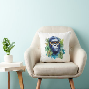 WasserfarbenJungle Gorilla mit Sonnenbrille und Bl Kissen