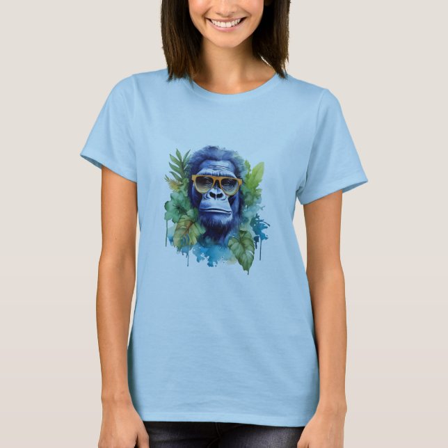WasserfarbenJungle Gorilla mit Sonnenbrille und Bl T-Shirt (Vorderseite)