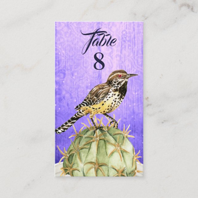Wasserfarbenkaktus mit Wren Bird Wedding Platzkarte (Vorderseite)
