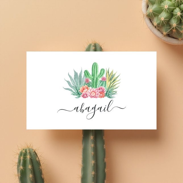 Wasserfarbenkaktus und rosa Blumengestein Visitenkarte (Watercolor Cactus and Pink Floral Elegant Business Card)