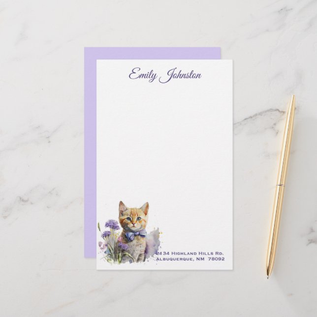 Wasserfarbenkatze in Blume Maßgeschneidertes Gesch Briefpapier (Vorderseite/Rückseite Beispiel)