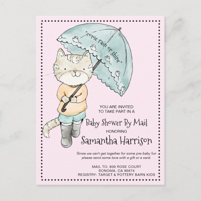 Wasserfarbenkatze mit Schirmdusche per Post Einladungspostkarte (Vorderseite)