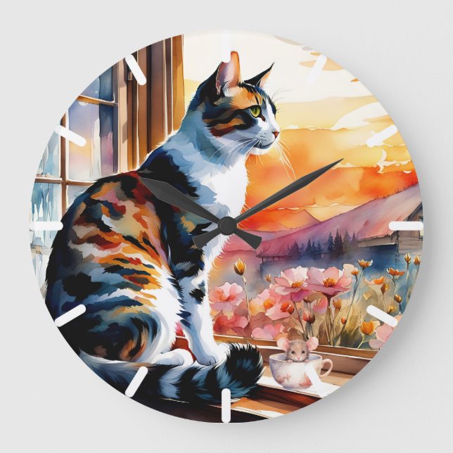 Wasserfarbenkatze und Maus-Grußkarte Große Wanduhr (Vorderseite)