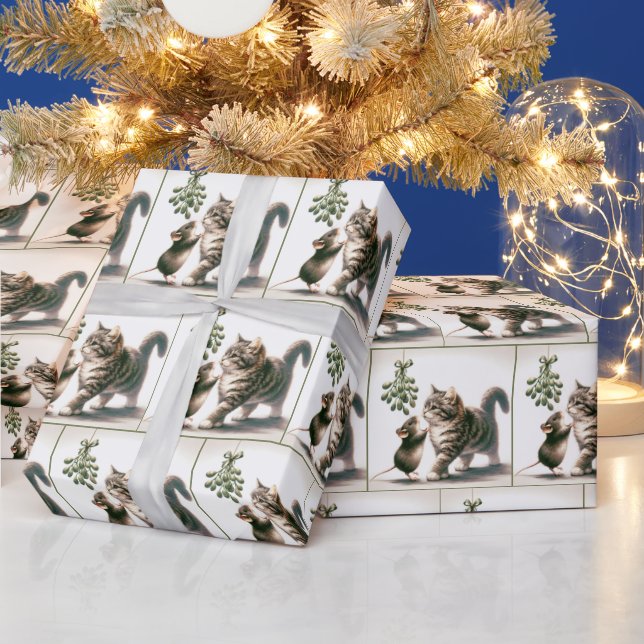 Wasserfarbenkatze und Maus mit Mistleton Geschenkpapier (Feiertage)