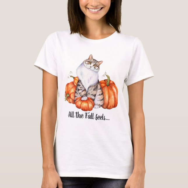 Wasserfarbenkatze und Pumpkins fallen Federn T-Shirt (Vorderseite)