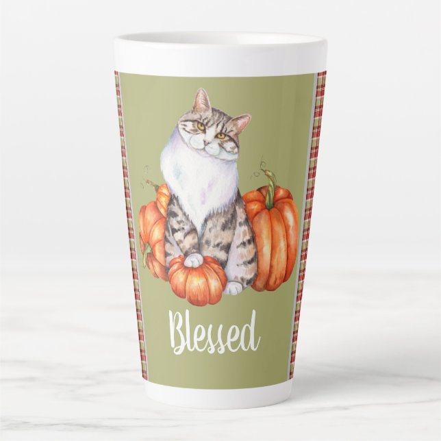 Wasserfarbenkatze und Pumpkins Seliger Erntedank Milchtasse (Vorderseite)