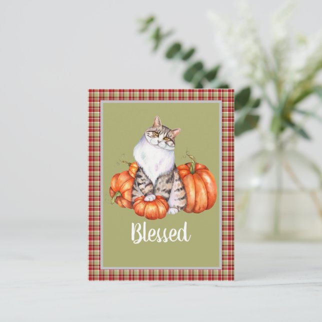 Wasserfarbenkatze und Pumpkins Seliger Erntedank Postkarte (Stehend Vorderseite)