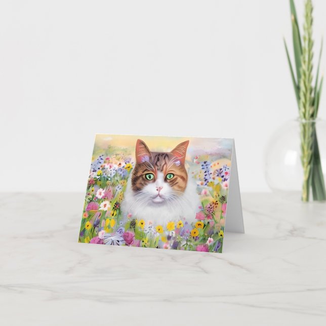 Wasserfarbenkatze und Wildblumen individuell anpas Karte (Vorderseite)