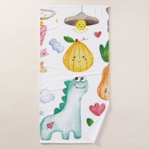 Wasserfarbenkawaii-Doodles abgeschieden auf weißem Badehandtuch