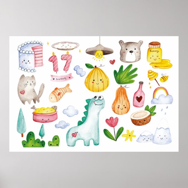 Wasserfarbenkawaii-Doodles abgeschieden auf weißem Poster (Vorne)