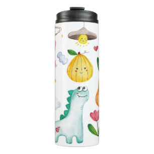 Wasserfarbenkawaii-Doodles abgeschieden auf weißem Thermosbecher