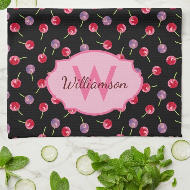 Wasserfarbenkirschen Mit Monogramm Handtuch (Gefaltet)