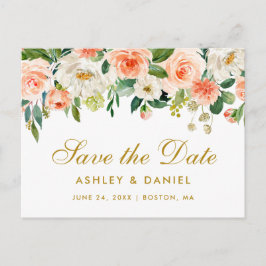 Wasserfarbenkoralle - Floral Gold Save the Date Ankündigungspostkarte