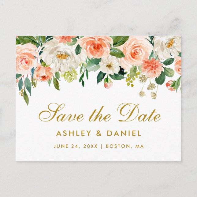 Wasserfarbenkoralle - Floral Gold Save the Date Ankündigungspostkarte (Vorderseite)