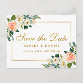 Wasserfarbenkoralle - Floral Gold Save the Date Ankündigungspostkarte