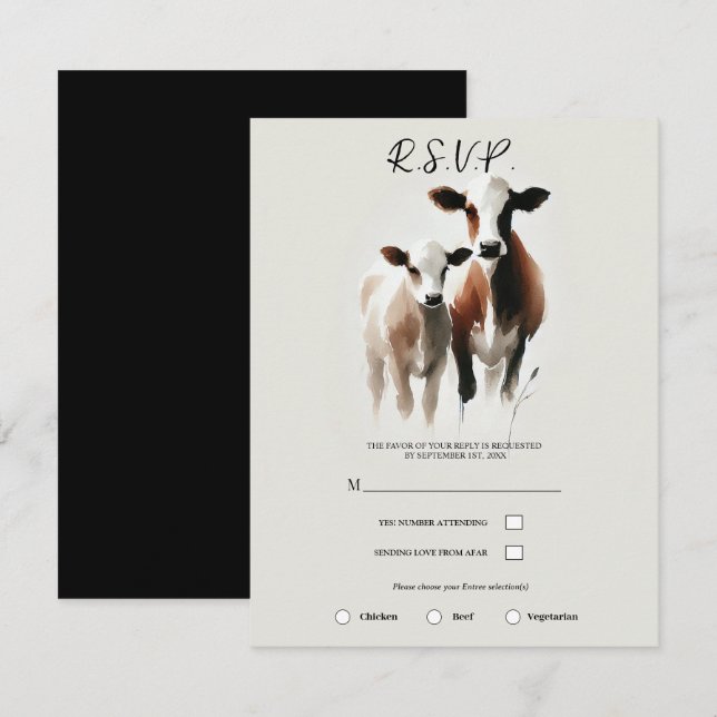Wasserfarbenkühe Minimale rustikale Hochzeit Einladung (Vorne/Hinten)