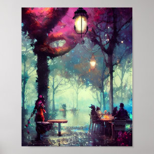 Wasserfarbenkunst einer baumbestandenen Cafeteria Poster