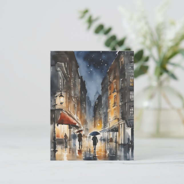 Wasserfarbenkunst in der Stadt Rainy Postkarte (Stehend Vorderseite)