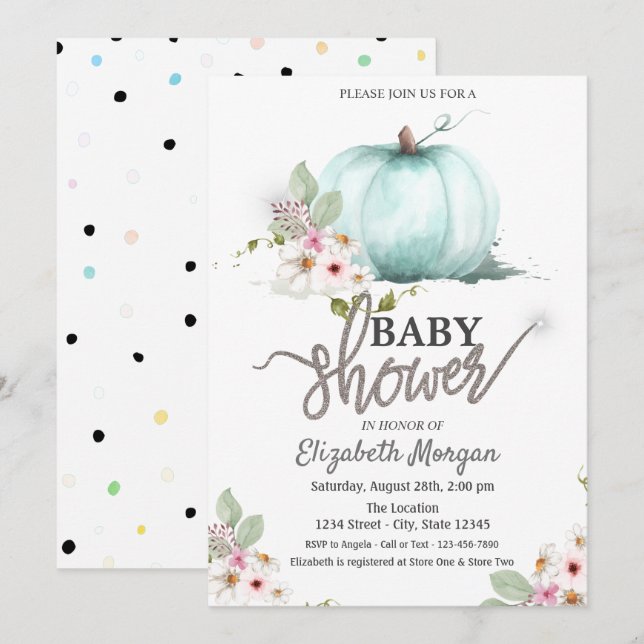 Wasserfarbenkürbis Blume Dotted Baby Dusche Einladung (Vorne/Hinten)