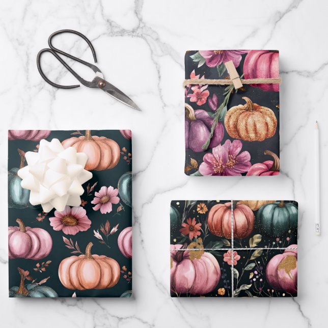 Wasserfarbenkürbis Fallmuster Geschenkpapier Set (Vorderseite)