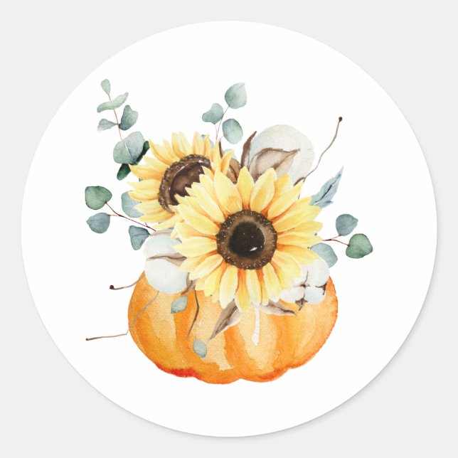 Wasserfarbenkürbis und Sonnenblumen Runder Aufkleber (Vorderseite)