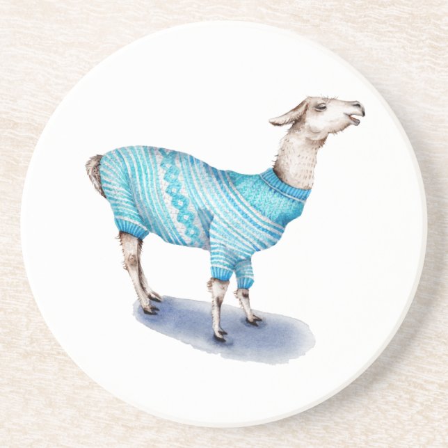 Wasserfarbenlama in blauem Pullover Getränkeuntersetzer (Vorne)