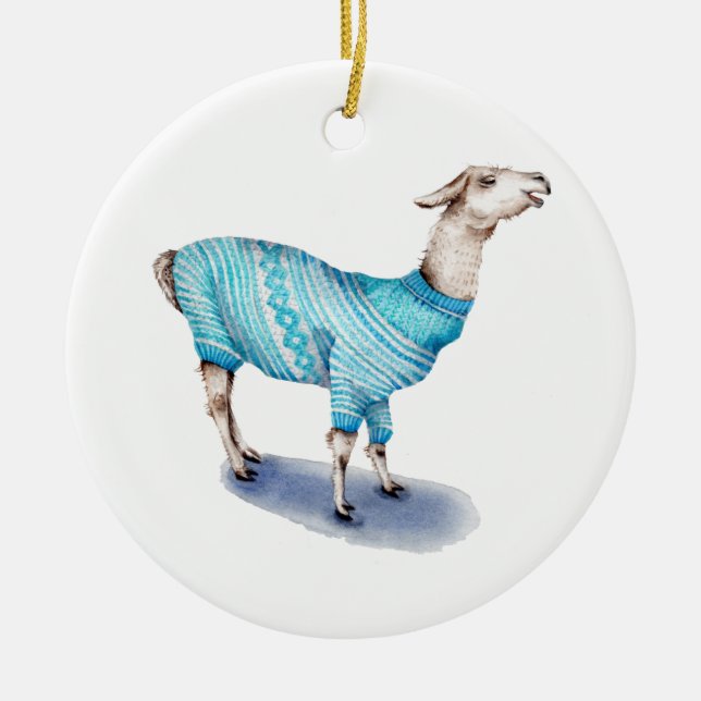 Wasserfarbenlama in blauem Pullover Keramik Ornament (Vorne)