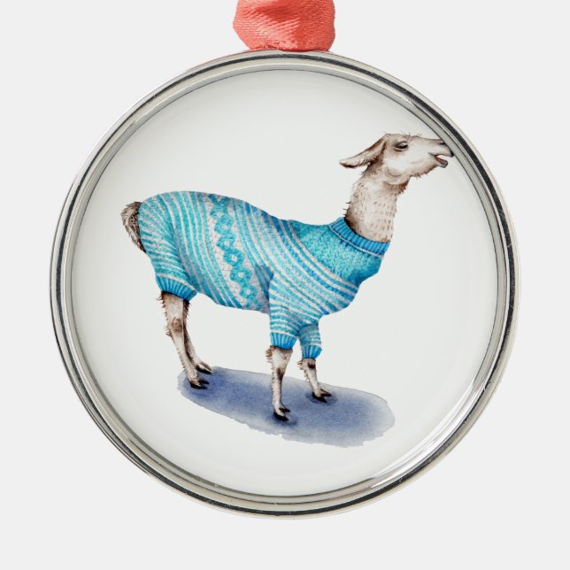 Wasserfarbenlama in blauem Pullover Ornament Aus Metall (Vorne)