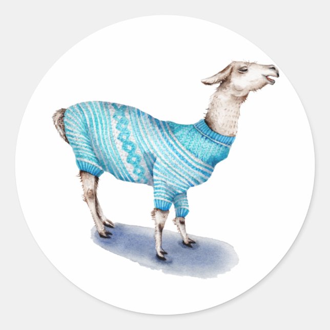 Wasserfarbenlama in blauem Pullover Runder Aufkleber (Vorderseite)