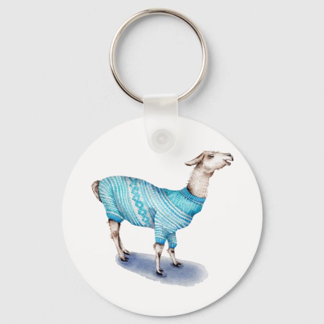 Wasserfarbenlama in blauem Pullover Schlüsselanhänger (Vorderseite)