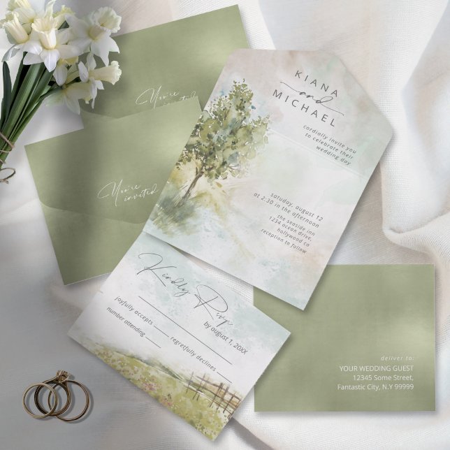 Wasserfarbenlandschaft Hochzeit Grün-ID786 All In One Einladung (Von Creator hochgeladen)