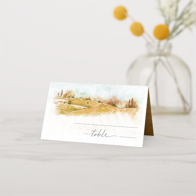 Wasserfarbenlandschaft Hochzeitsreise Herbst Gold- Platzkarte (Vorderseite)