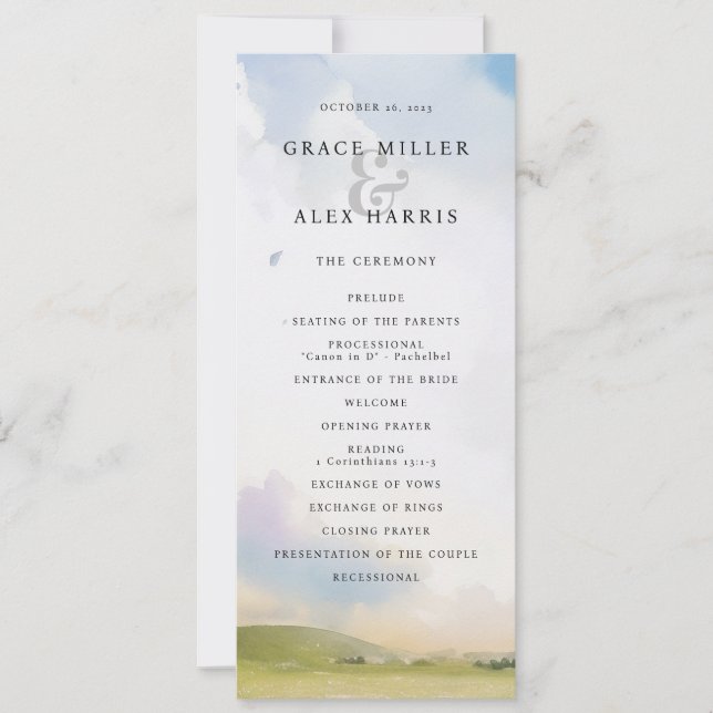 Wasserfarbenlandschaft Traumwolken Hochzeitsprogra Einladung (Vorderseite)