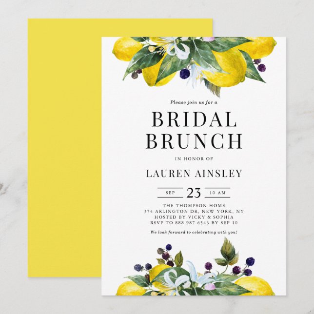 Wasserfarbenlemon und BlackBerry Bridal Brunch Einladung (Vorne/Hinten)