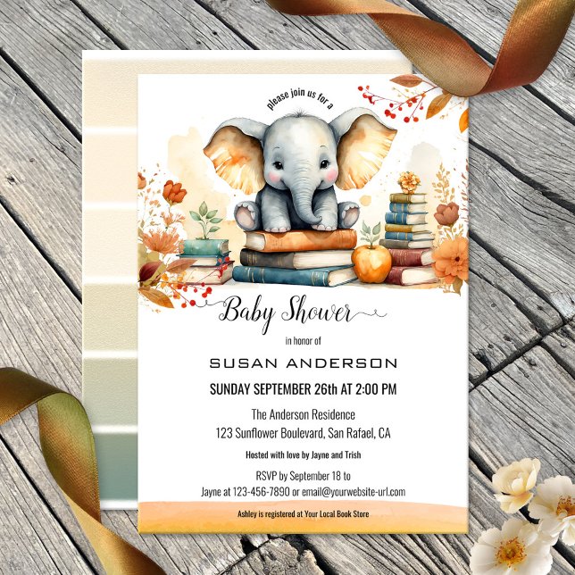 Wasserfarbenlephant Books Babydusche Einladung (A cute baby shower invitation featuring a watercolor design with a baby elephant and books)