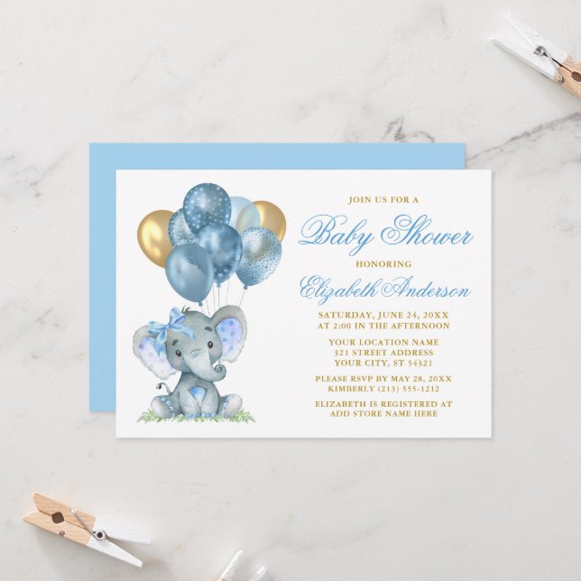 Wasserfarbenlephant Bow Balloons Dusche Blue Gold Einladung (Vorderseite/Rückseite Beispiel)