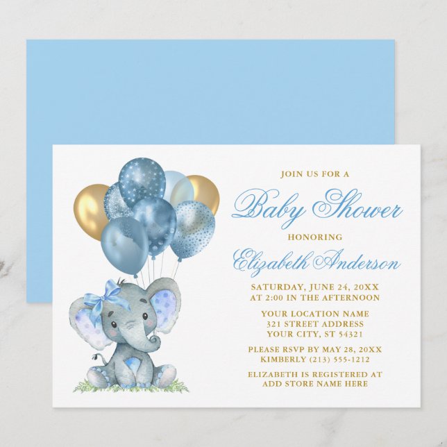 Wasserfarbenlephant Bow Balloons Dusche Blue Gold Einladung (Vorne/Hinten)