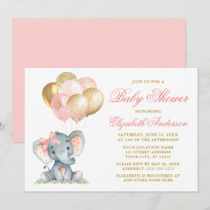 Wasserfarbenlephant Bow Balloons Dusche Rosa Gold Einladung