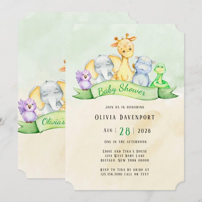 Wasserfarbenlephant & Friends Babydusche Einladung (Vorne/Hinten)